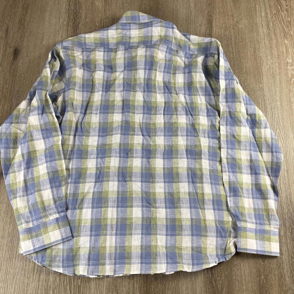 Toscano Aqua Men's Linen Gingham Plaid Button Up Shirt Blue Green Men's 2XL - Picture 10 of 10